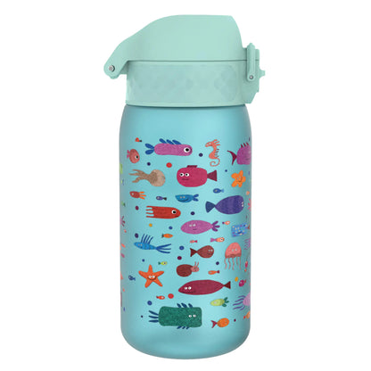 A light blue water bottle featuring colorful, cartoonish fish and sea creatures scattered across the surface, with a matching green lid in a plain white background.