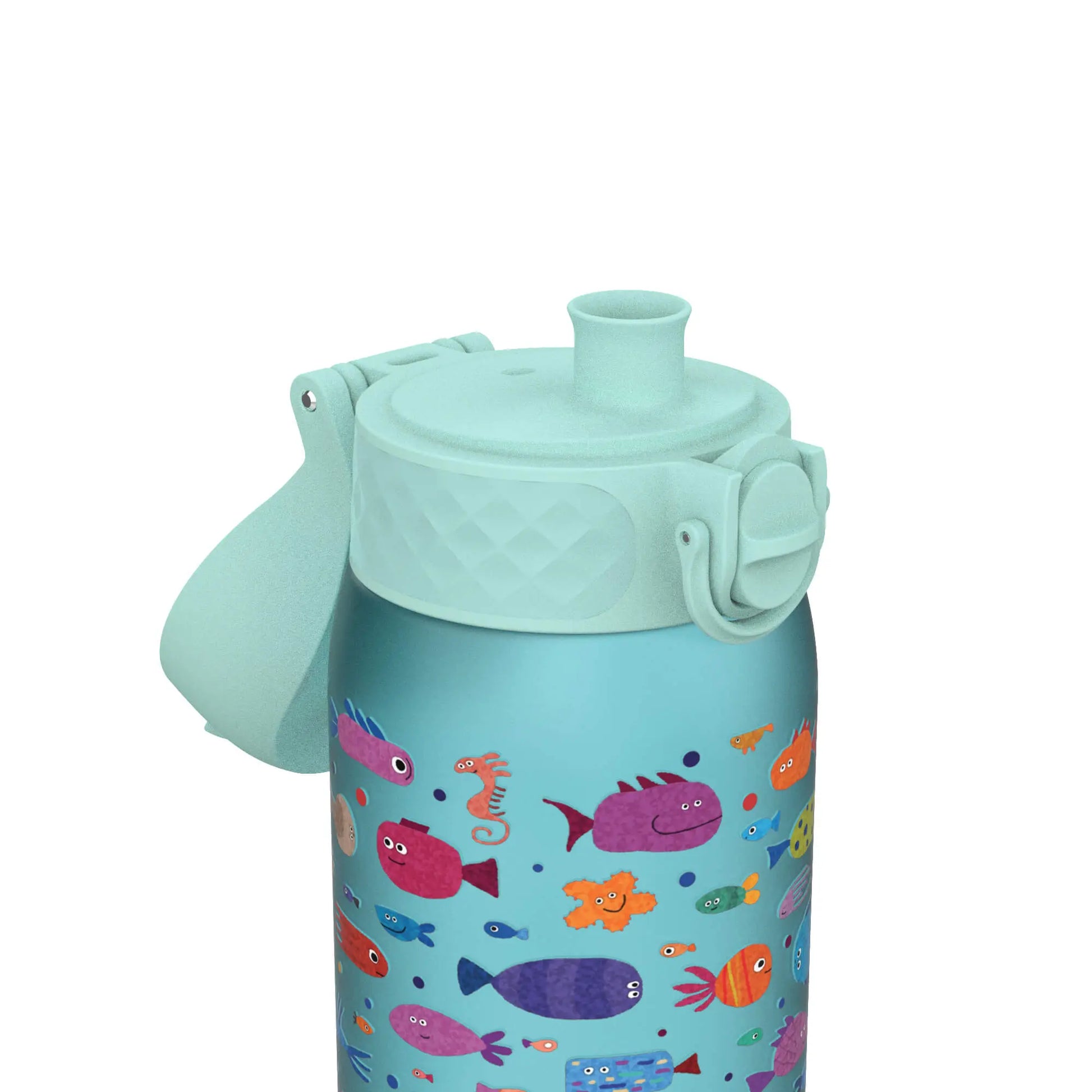 Light blue water bottle with a flip lid decorated with colorful cartoon fish and sea creatures set against a plain white background.