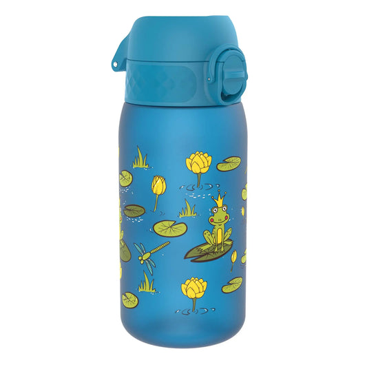 A blue water bottle features a frog prince sitting on a lily pad surrounded by yellow flowers and dragonflies, set in a whimsical pond-themed design.