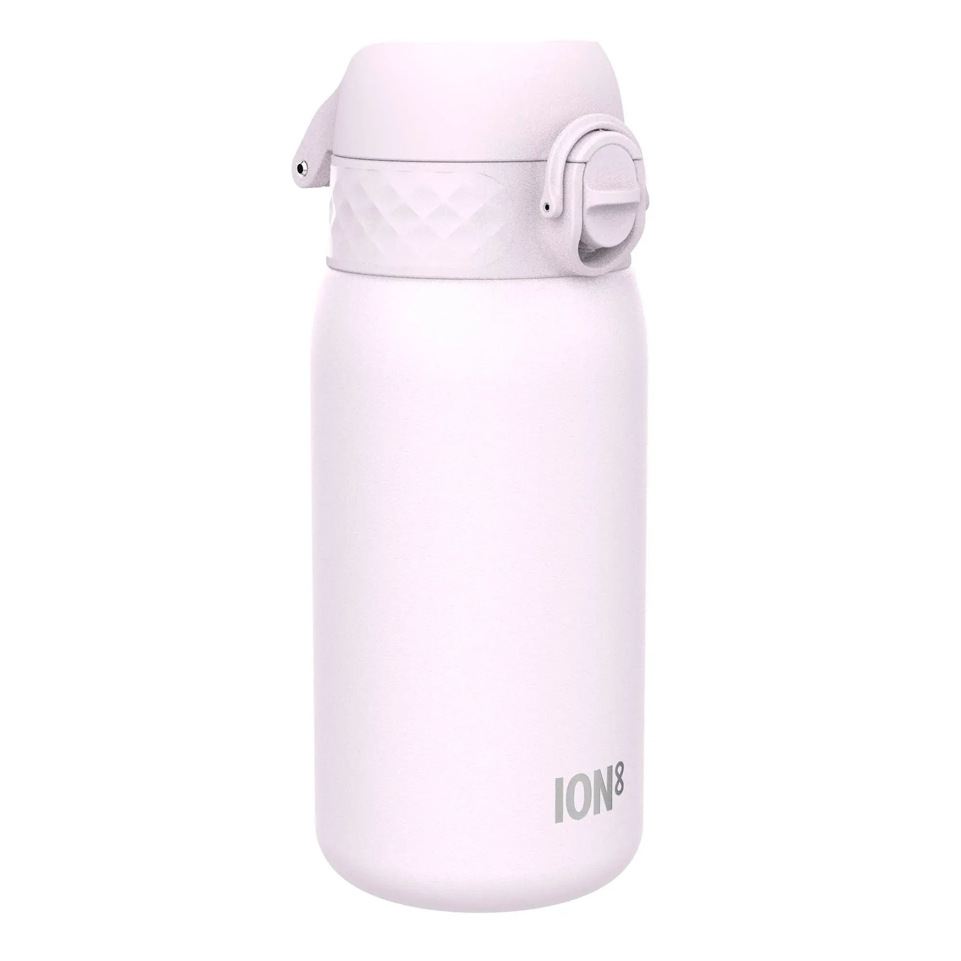 A white water bottle stands upright with a secure lid featuring a latch in a plain setting Text reads ION8