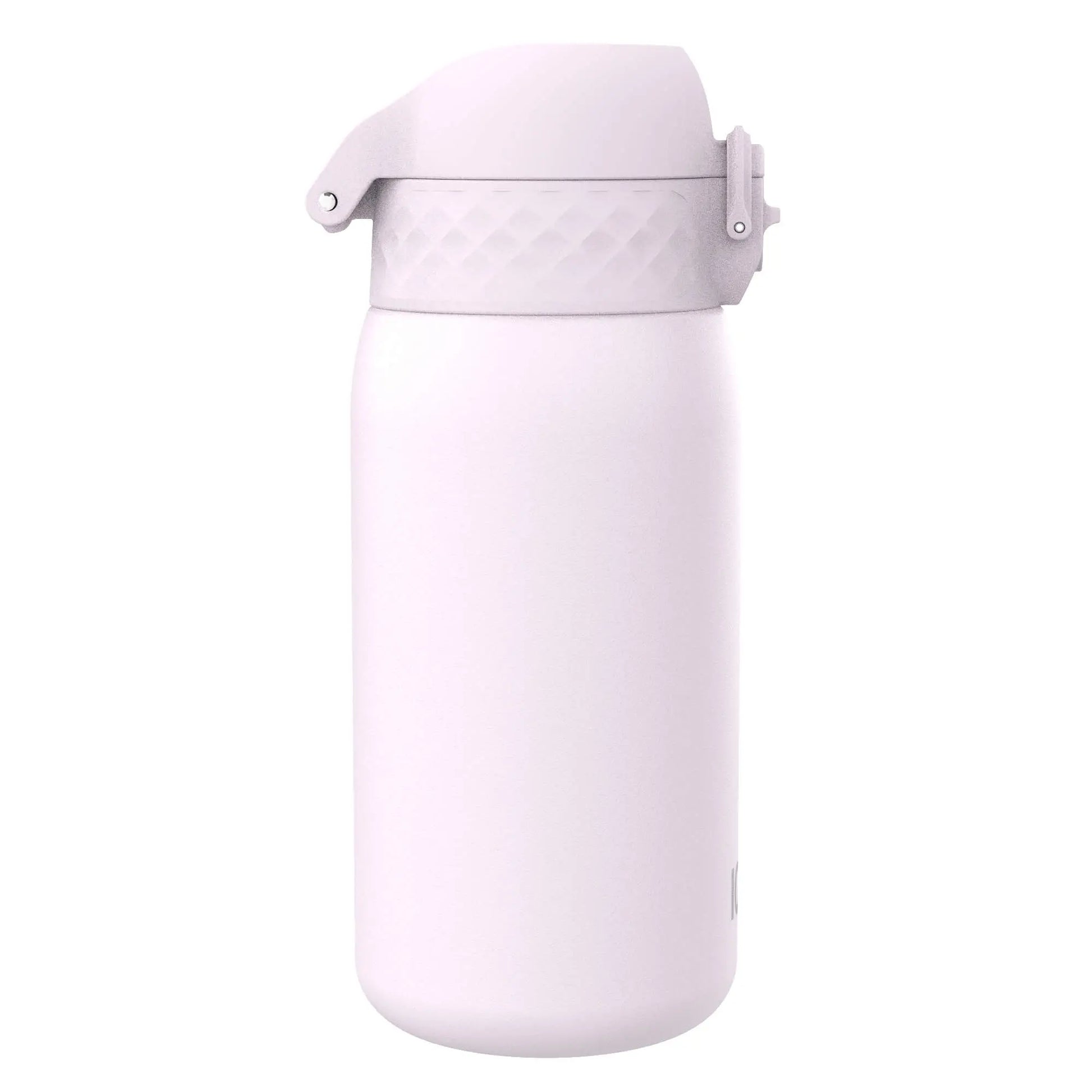 A white insulated water bottle with a closed flip-top lid sits against a plain white background