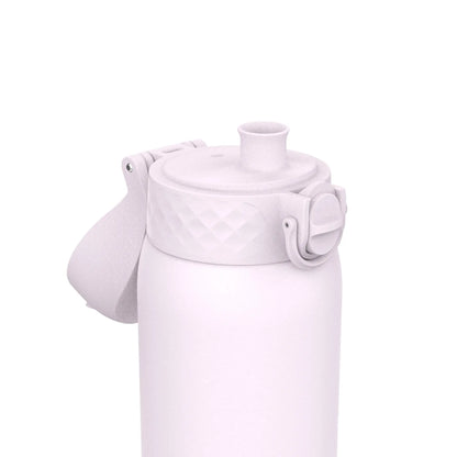 White water bottle with a textured lid partially open displaying a spout set against a plain white background.