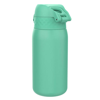 A teal, insulated water bottle with a diamond-patterned grip is standing upright against a plain white background.