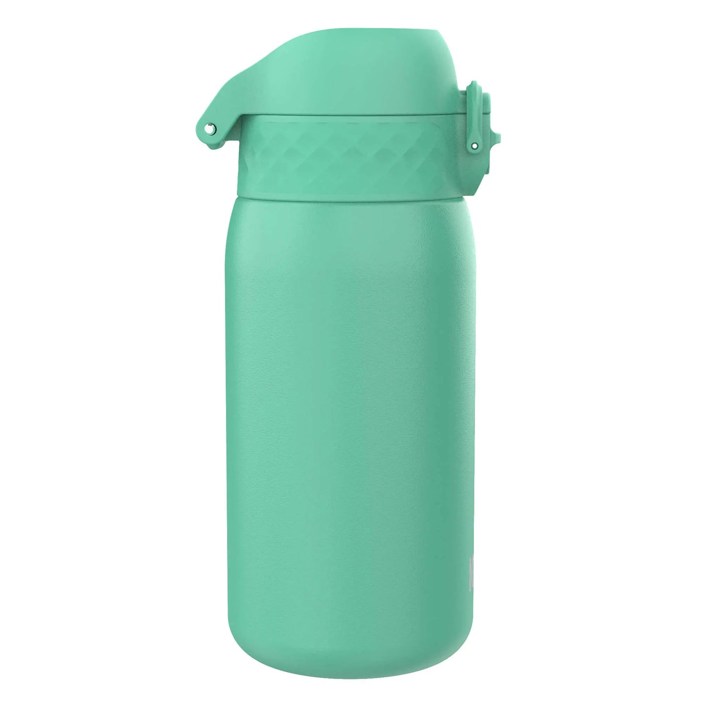 A mint green insulated water bottle stands upright with a secure flip-top lid in a plain white background environment.