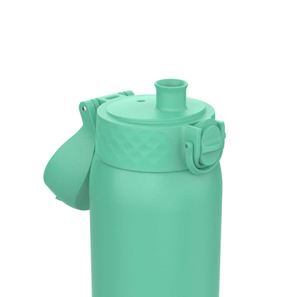 A teal water bottle with a flip-top lid is opened in a white background setting.