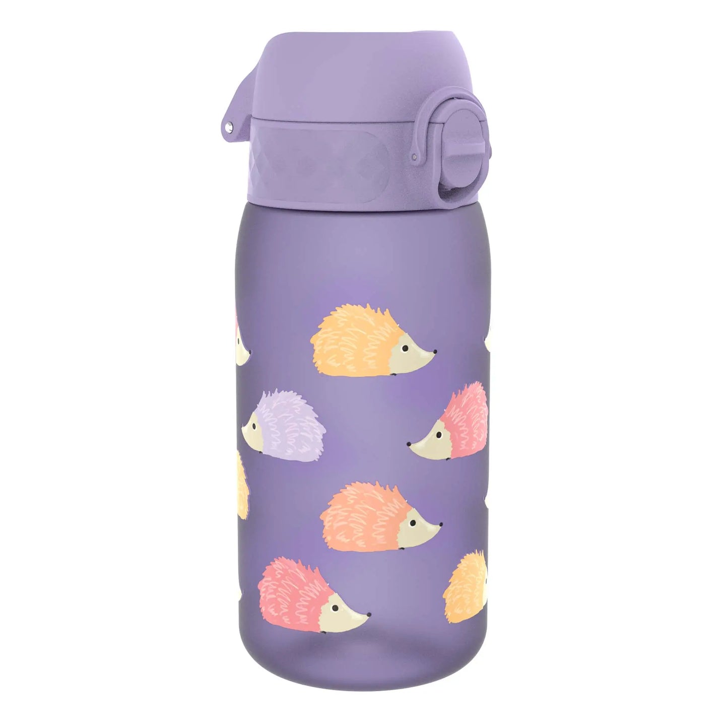 A purple water bottle displaying a pattern of colorful hedgehogs stands against a plain white background.