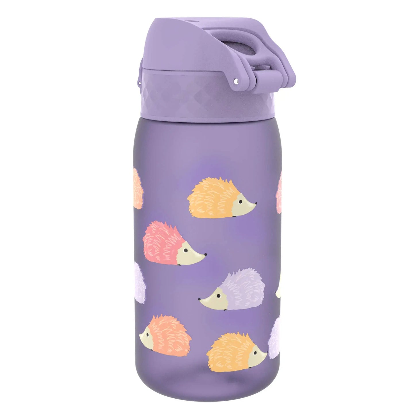 Purple water bottle featuring pastel-colored hedgehog illustrations scattered across the surface lid with a flip-top design against a plain white backdrop.