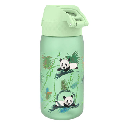 A green water bottle features cartoon pandas lounging among tropical leaves creating a playful jungle scene