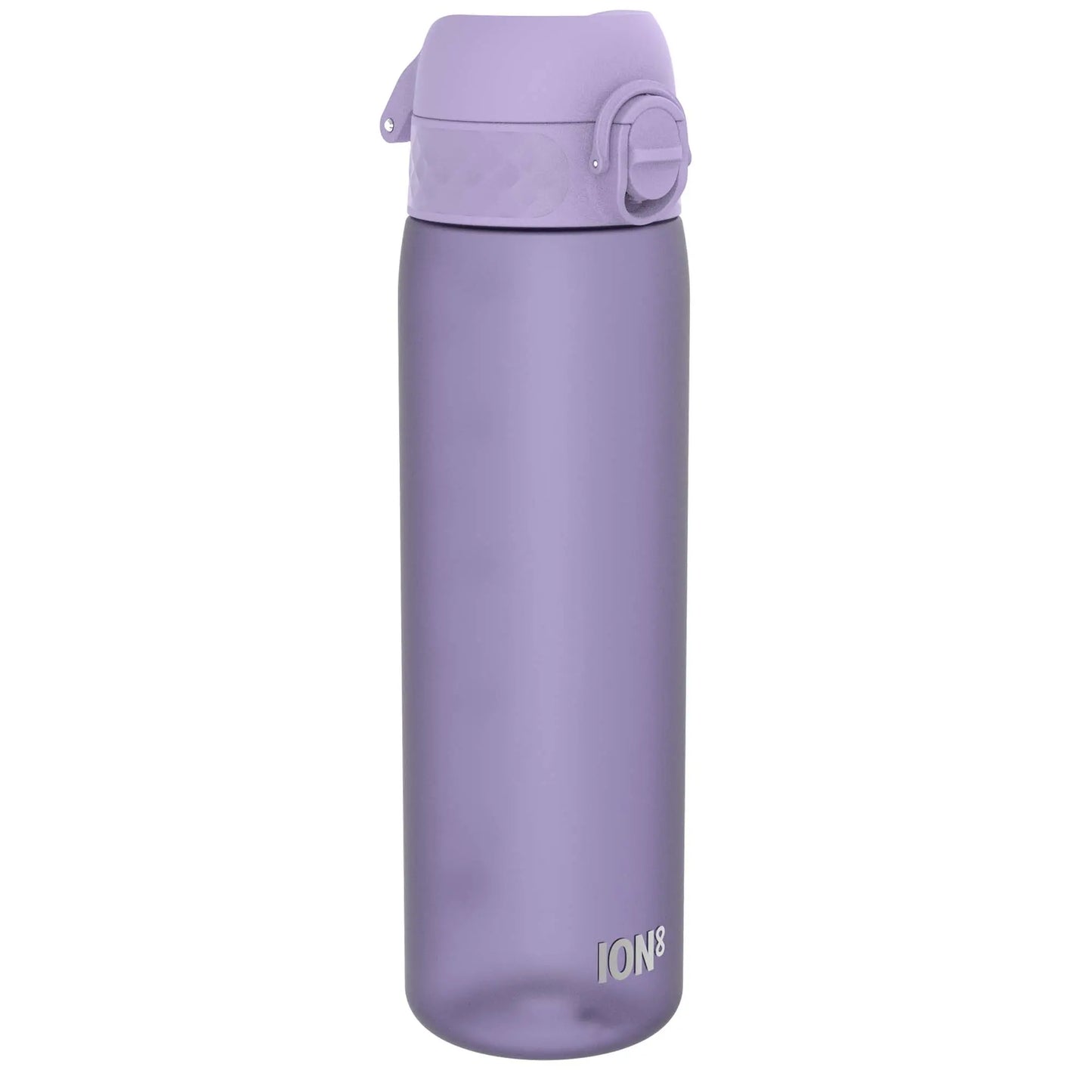 Purple water bottle standing upright with a closed flip-top lid marked with the text ION8 placed against a plain white background