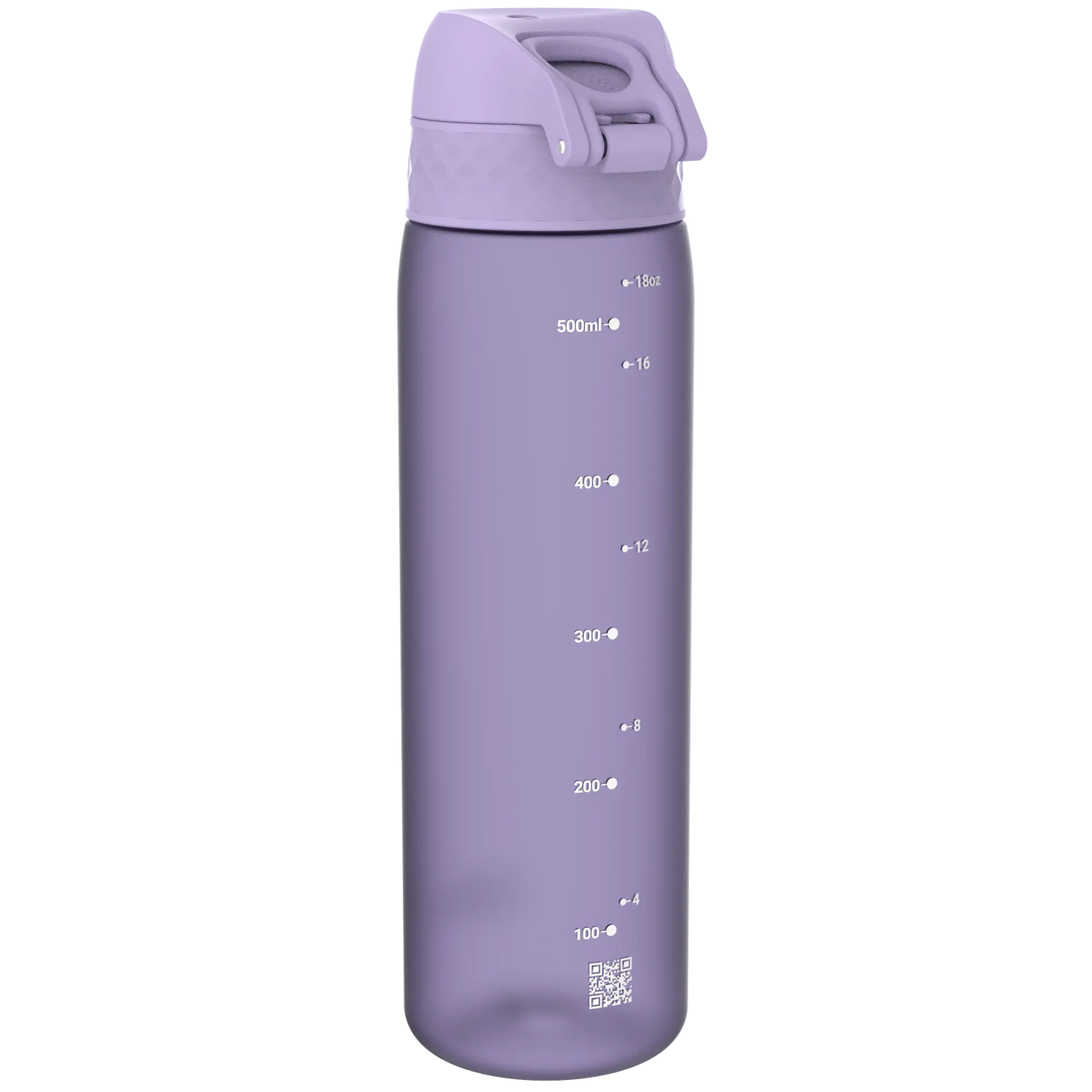 A purple water bottle standing upright marked with measurements in milliliters (100 to 500) and ounces (4 to 18) on its side featuring a QR code at the bottom.