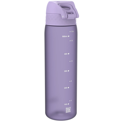 A purple water bottle standing upright marked with measurements in milliliters (100 to 500) and ounces (4 to 18) on its side featuring a QR code at the bottom.