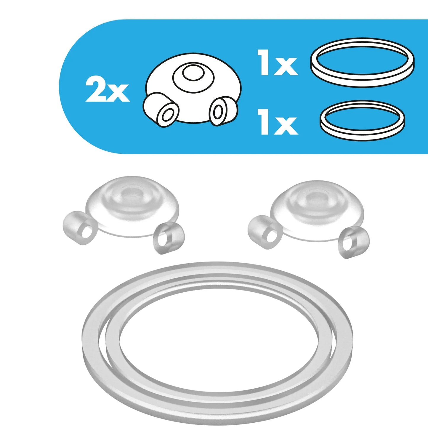 Two round silicone valves rest above two silicone rings on a white background. A blue section shows sketches with the text: 2x, 1x, 1x.