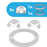 Two round silicone valves rest above two silicone rings on a white background. A blue section shows sketches with the text: 2x, 1x, 1x.
