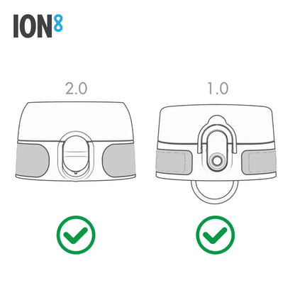 Two bottle lids labeled 2.0 and 1.0, each with a circular button and side grips, shown with green check marks. The brand name ION8 is displayed in the top left corner.