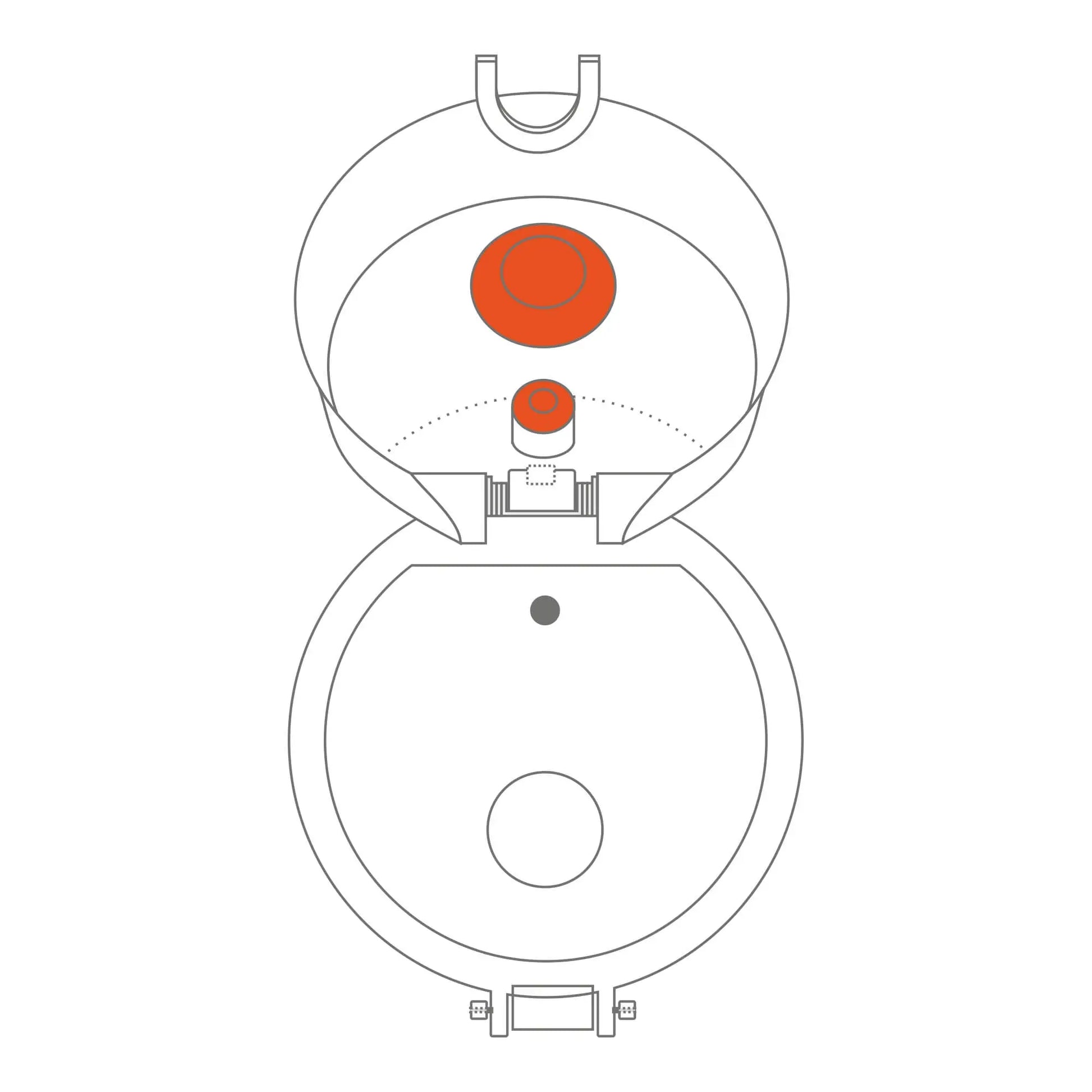 Diagram of a toilet bowl with lid open displaying internal flushing mechanism structure and components highlighted in orange viewed from above against a plain white background