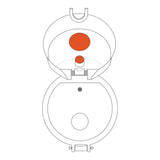 Diagram of a toilet bowl with lid open displaying internal flushing mechanism structure and components highlighted in orange viewed from above against a plain white background