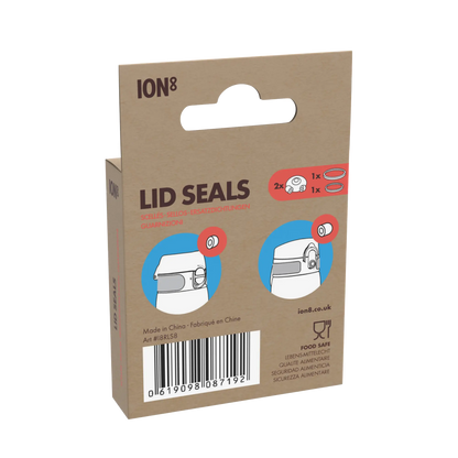 A cardboard package labeled "LID SEALS" contains images showing lid seal replacements. Text includes "Made in China," "Art #18RLS8," barcode, and various translations. The website is ion8.co.uk.