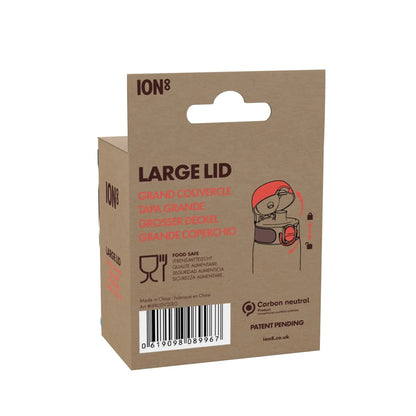 A cardboard packaging features the text "ION8 LARGE LID" with instructions in multiple languages, a barcode, and symbols indicating food safety and carbon neutrality. The context is a product box.