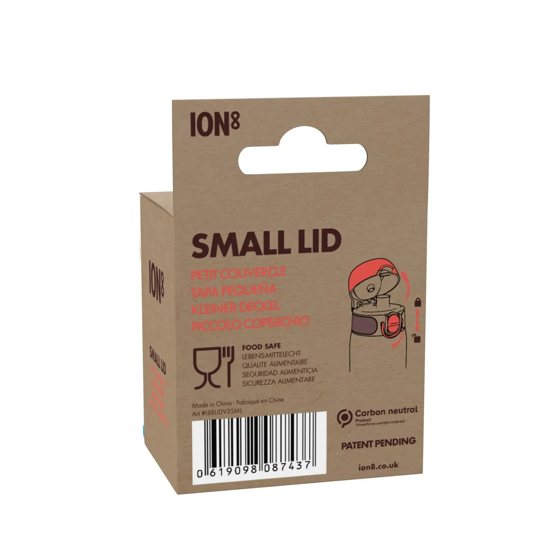 A small brown cardboard box features text and graphics. Text includes: ION8 SMALL LID PETIT COUVERCLE TAPA PEQUEÑA KLEINER DECKEL PICCOLO COPERCHIO FOOD SAFE Made in China Art #IRBLUDV25ML BARCODE Carbon neutral product PATENT PENDING ion8.co.uk