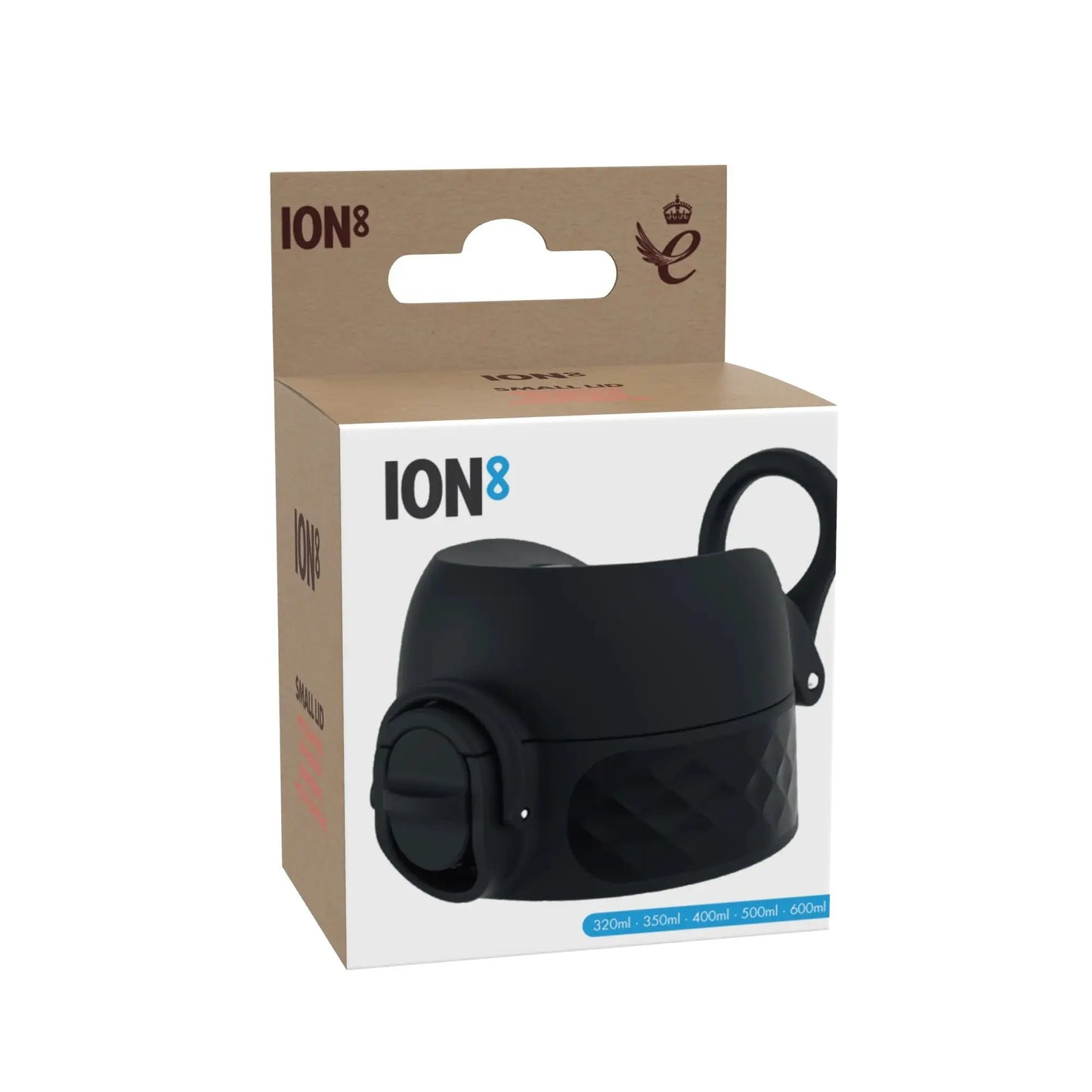 A black, screw-on water bottle lid with handle packaged in a cardboard box featuring ION8 branding. Text includes ION8, 320ml, 350ml, 400ml, 500ml, and 600ml.