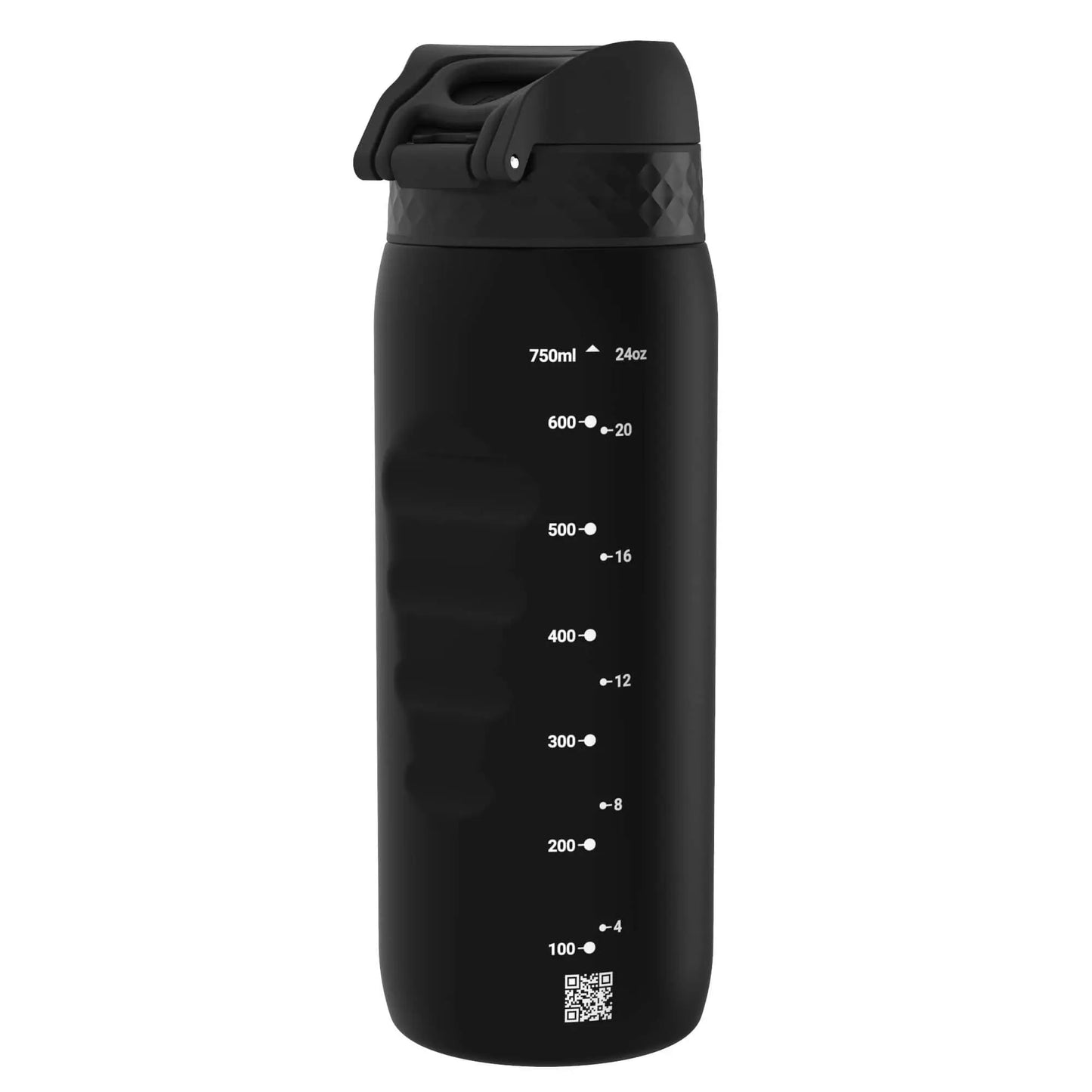 A black water bottle stands upright featuring a lid with a handle in a plain white background measurements on the side show capacity from 100ml to 750ml and 4oz to 24oz with a QR code at the bottom