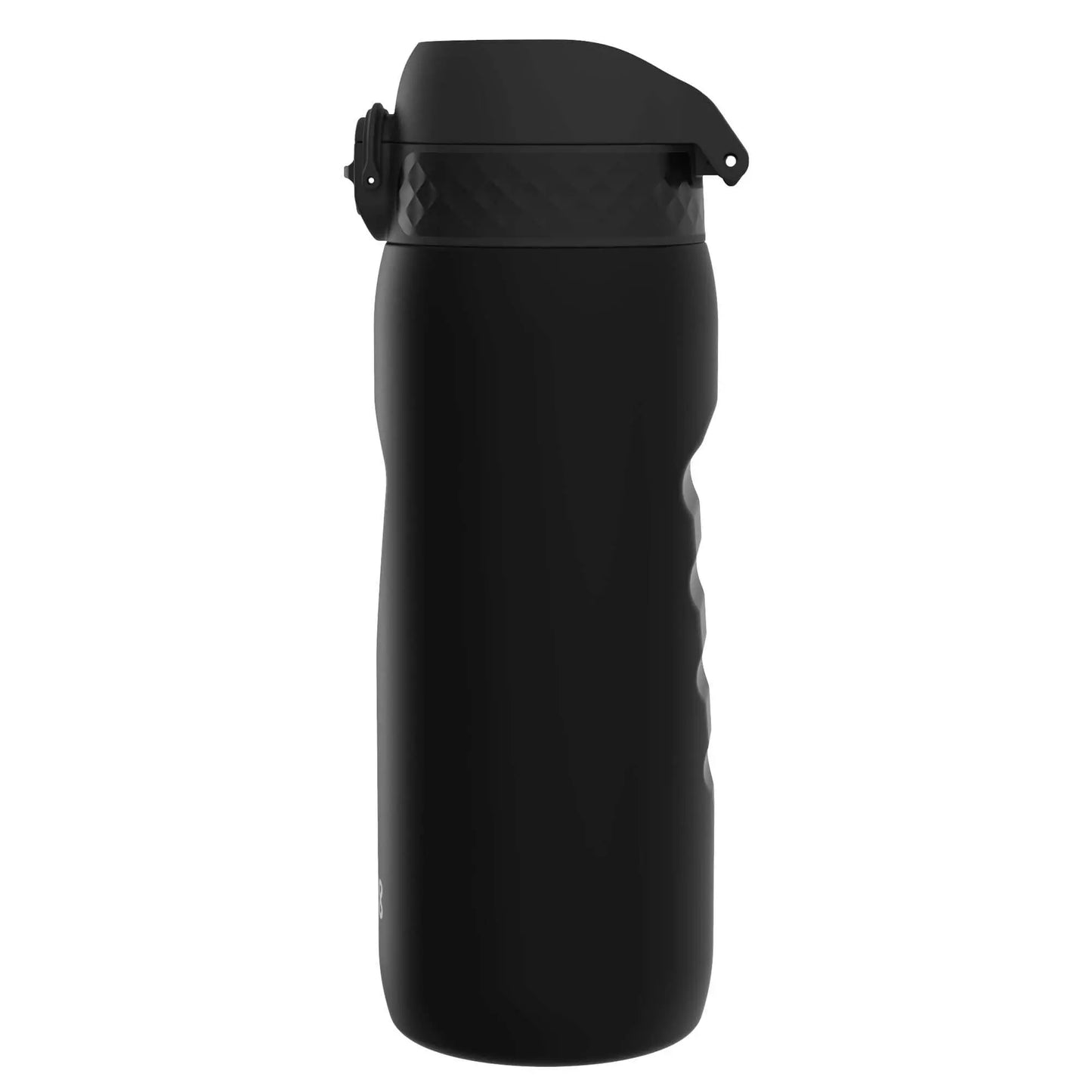 A black insulated travel mug with a flip-top lid stands upright against a plain white background