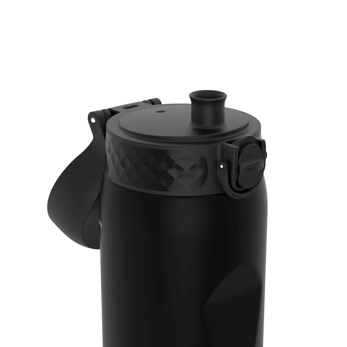 Black water bottle with a flip-top lid sits upright against a plain white background showcasing a textured grip near the lid for easy handling.