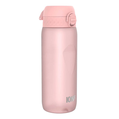 A pink reusable water bottle stands upright with a secure flip-top lid in a plain white backdrop Text: ION8