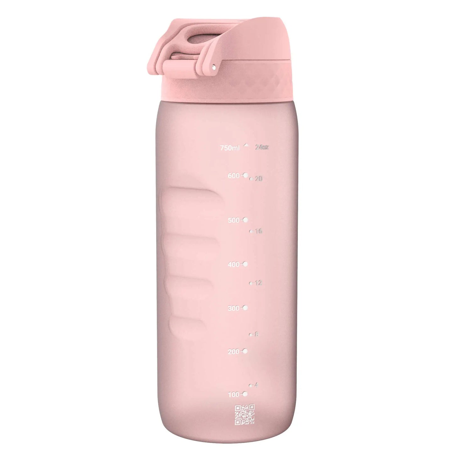 Pink water bottle stands upright featuring measurements in milliliters and ounces on the side up to 750ml and 24oz with a textured lid and a QR code at the base.