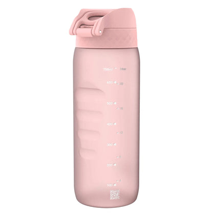 Pink water bottle stands upright featuring measurements in milliliters and ounces on the side up to 750ml and 24oz with a textured lid and a QR code at the base.