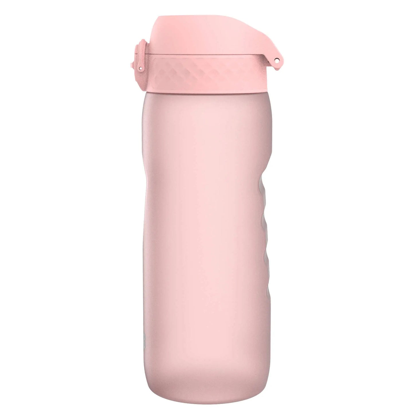 A pink plastic water bottle with a textured lid sits upright against a plain white background.