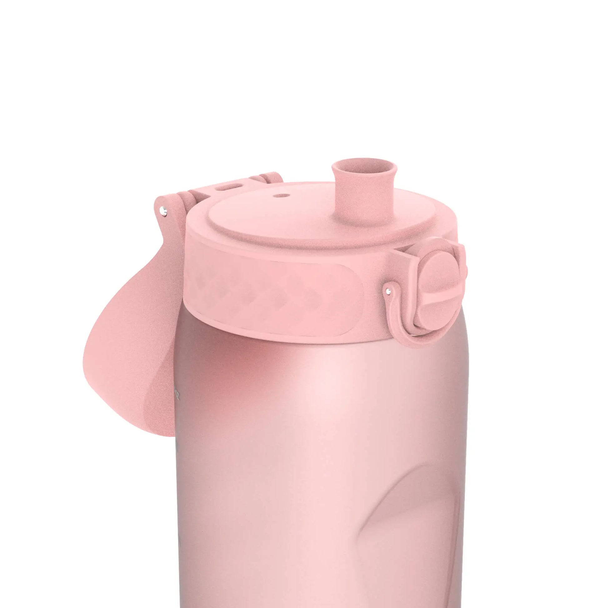 A pink water bottle with a flip-top lid and spout sits against a plain white background