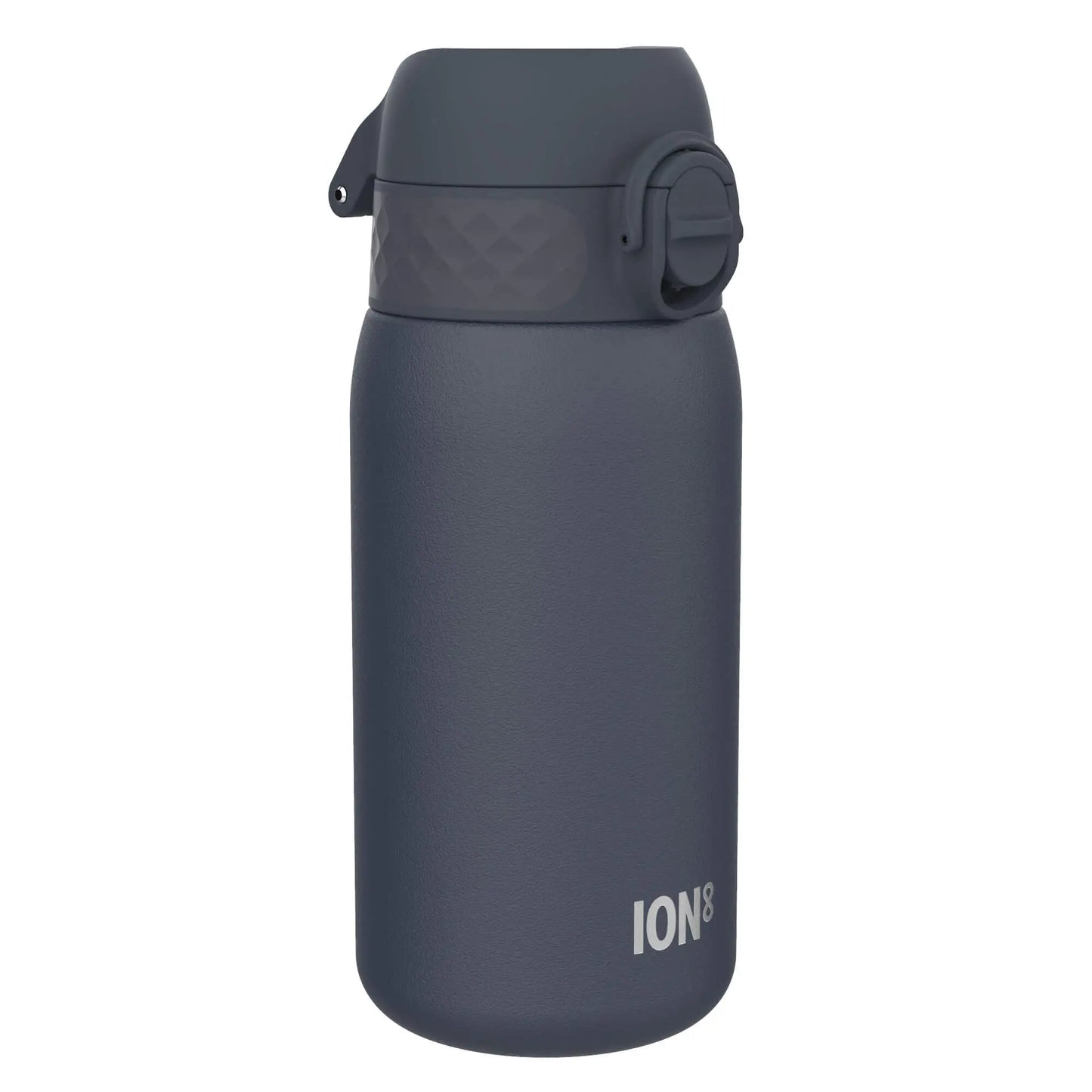 A dark gray water bottle with a flip-top lid and a side button stands isolated against a white background Text: ION8