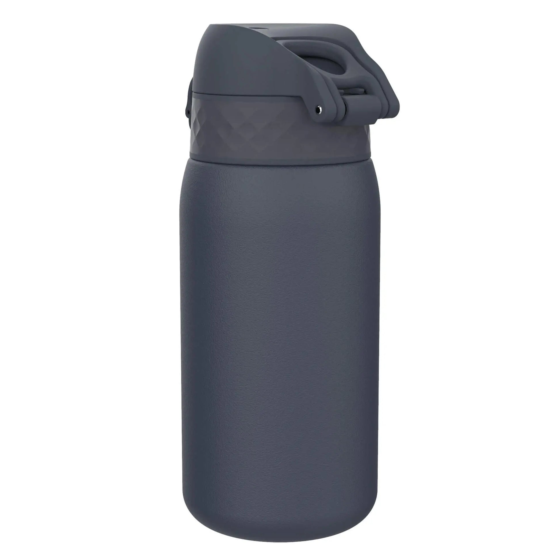 A dark gray insulated water bottle stands upright on a plain white background featuring a secure flip-top lid designed for convenient drinking.