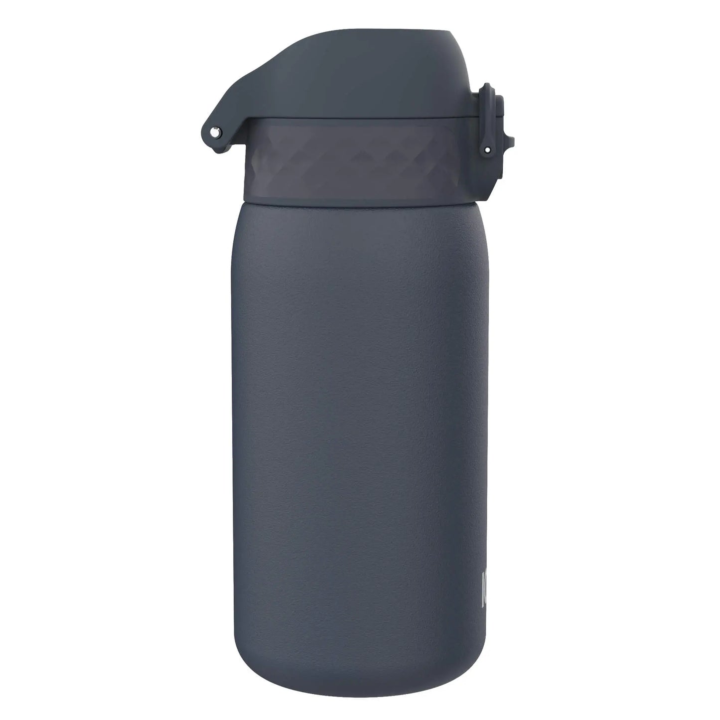 A dark gray insulated water bottle stands upright with a textured lid in a bright white background setting.