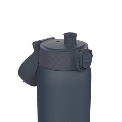 A dark gray insulated water bottle features a flip-top spout and a textured grip, set against a plain white background.