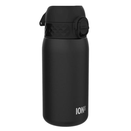 A black insulated water bottle stands upright against a white background with the brand name ION8 displayed near the bottom.