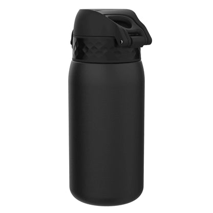 A black insulated water bottle with a textured cap designed for carrying in a neutral white background.