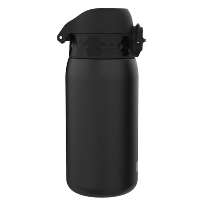 A black insulated water bottle with a textured lid stands upright against a plain white background