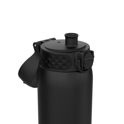 A black insulated water bottle with a strap and flip-top lid rests against a plain white background.