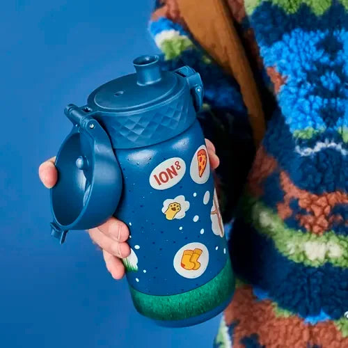 kids water bottle with open lid and dog print on front